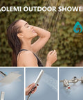 Wall Mount Outdoor Shower Kit With Handheld Sprayer showcasing 6 inch brushed nickel head, dual brass fixtures, and usage.