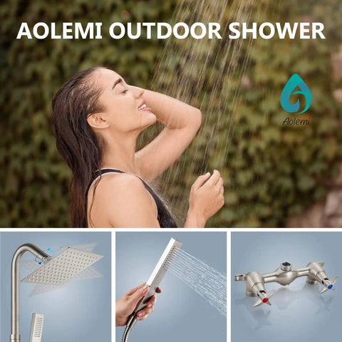 Wall Mount Outdoor Shower Kit With Handheld Sprayer showcasing 6 inch brushed nickel head, dual brass fixtures, and usage.