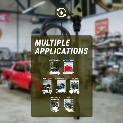 Heavy Duty Electric Fuel Pump Shuttles Diesel And Gasoline Hella Fast From 55 To 275 Gallon Drums Or Ibc Totes With Zero Sweat Flow Control And Cold Resistant Hose multiple applications display for various vehicles and equipment