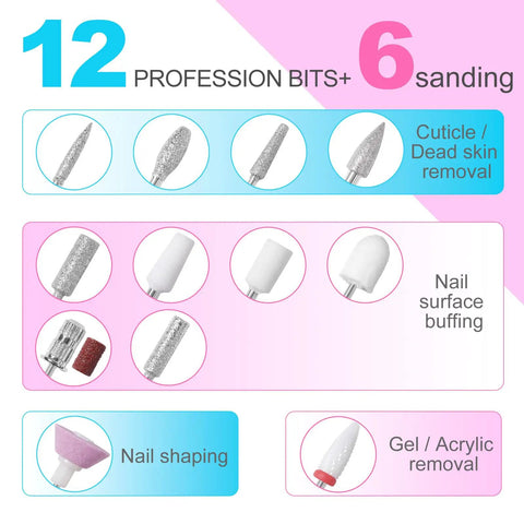 12 professional bits and 6 sanding tools for Top Shelf Pro Grade Nail Drill Electric File For Acrylic Gel Polish Killer 35000Rpm.