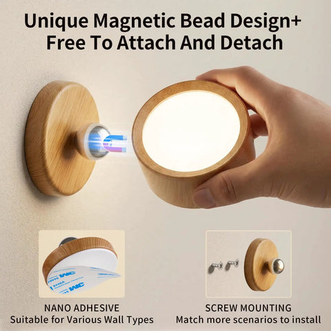USB Rechargeable Wall Light Set Two Pack With 360 Degree Rotating Magnetic Heads shown with detachable wooden sconce