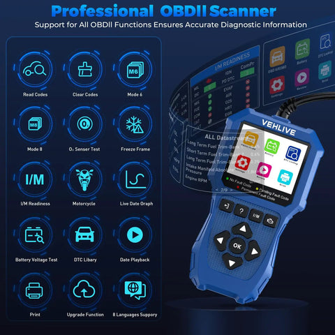 Dope Motorcycle Diagnostic Scanner V880 Moto OBD2 Tool With Voltage Test Quick Fault Code Reader displayed with icons and features