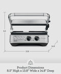 Breville Stainless Steel Electric Grill Panini Maker With One Touch Presets front view showcasing compact design and dimensions 8.5" H x 13.8" W x 14.8" D.