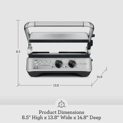 Breville Stainless Steel Electric Grill Panini Maker With One Touch Presets front view showcasing compact design and dimensions 8.5" H x 13.8" W x 14.8" D.