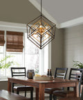 Dining room with a six-light geometric farmhouse chandelier with adjustable height, modern minimalist ceiling light fixture, black and vintage copper finish.
