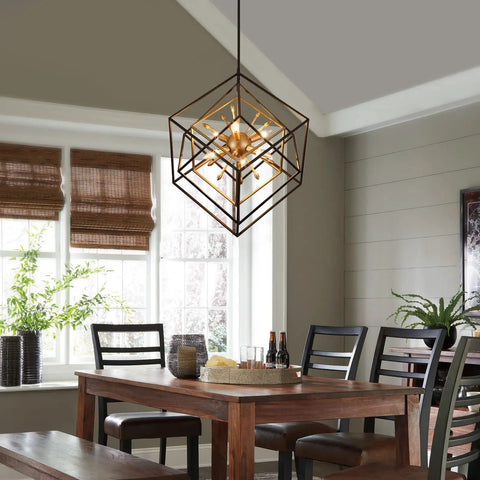 Dining room with a six-light geometric farmhouse chandelier with adjustable height, modern minimalist ceiling light fixture, black and vintage copper finish.