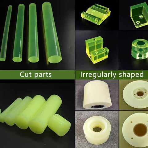Hella Durable Polyurethane Round Bar For Cleanroom Fixtures And Sensitive Electronics Antistatic Urethane Shaft With Tight 30Mm Grip and Zero Hassle Install For Any Stress Free Fabrication Task Today, showing various cut and irregularly shaped components.