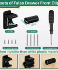 False Drawer Front Clips For Cabinets Replacement Hardware Kit Includes Screws Set Of 4 Pairs Waterproof Plastic Construction Ideal For Kitchen And Bathroom Cabinets Replacements And DIY Projects, showing 4 sets with screws and screwdriver visible.