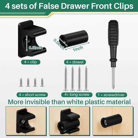 False Drawer Front Clips For Cabinets Replacement Hardware Kit Includes Screws Set Of 4 Pairs Waterproof Plastic Construction Ideal For Kitchen And Bathroom Cabinets Replacements And DIY Projects, showing 4 sets with screws and screwdriver visible.