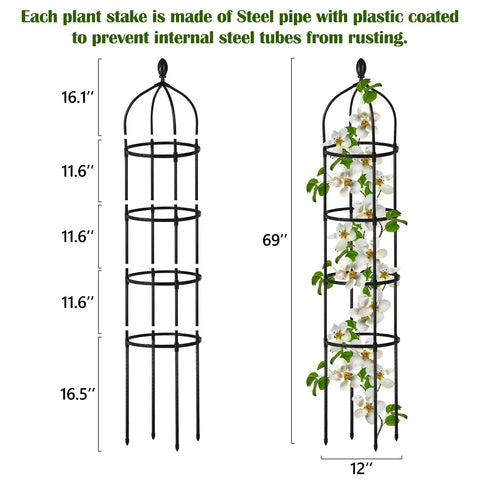 Diagram of Built Tough Obelisk Trellis For Climbing Plants Outdoor 6 Ft Tall Round Plant Support For Pots Rustproof Metal