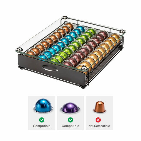 VertuoLine Capsule Drawer Organizer With Glass Front Holds 50 Pods In Five Rows Of Ten Perfect For Counter Or Cabinet Storage