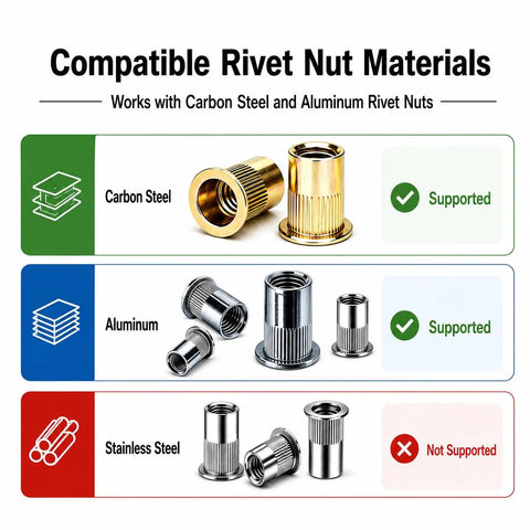 Compatible Rivet Nut Materials for High Voltage Brushless Rivet Nut Tool With Kick Butt 2030 Lbs Tug: Carbon Steel & Aluminum supported.