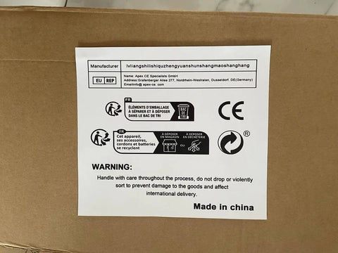 Label on cardboard box for Automatic Coffee Tamper Machine With Adjustable Electrical Pressure Control For 58Mm Portafilters detailing care instructions.