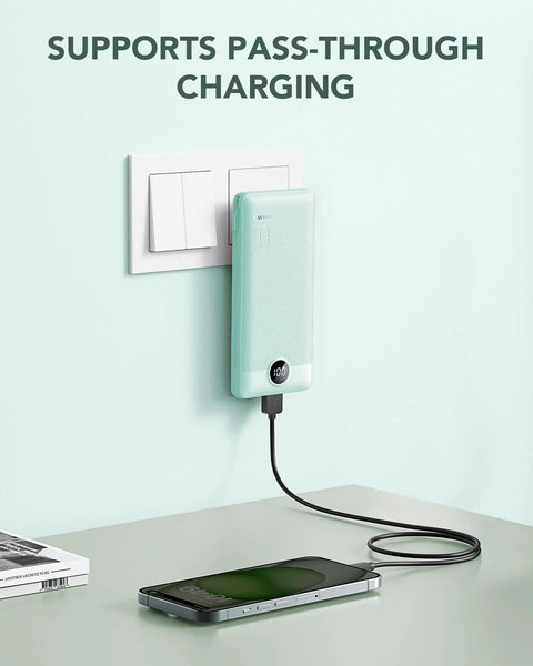 All In One 10000mAh Portable Charger With Built In Micro USB And Type C Cables And AC Wall Plug USB C Power Bank in use