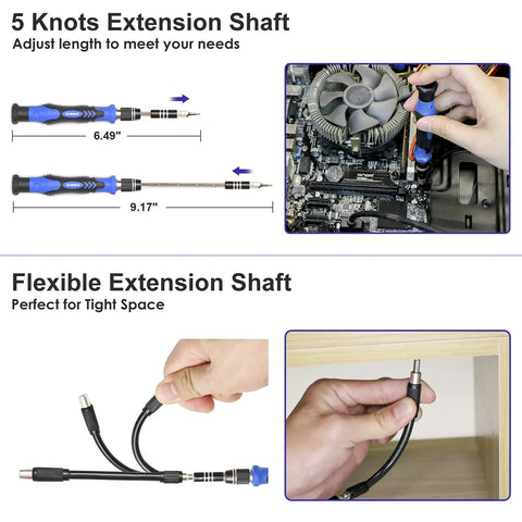 79 In 1 Magnetic Screwdriver Kit With 58 Bits And Anti Static Wrist Strap For Electronics Repair showing extension shaft options