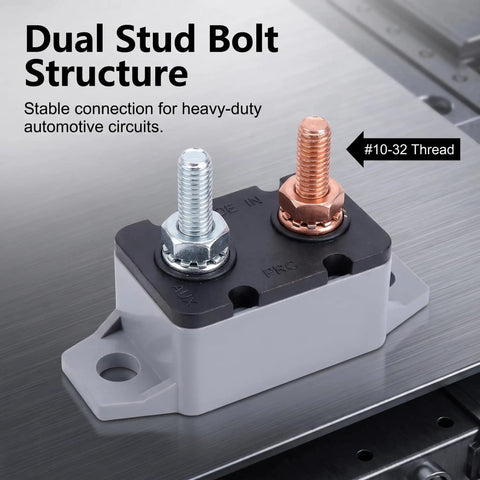 Dual Pack 30A 12V Circuit Breakers With Clear Covers And Red Indicators showing dual stud bolt structure for automotive circuits.