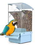 No Sweat Hassle Free Automatic Bird Feeder With Green Comfort Perch For Cage, blue acrylic seed dispenser with parrot.