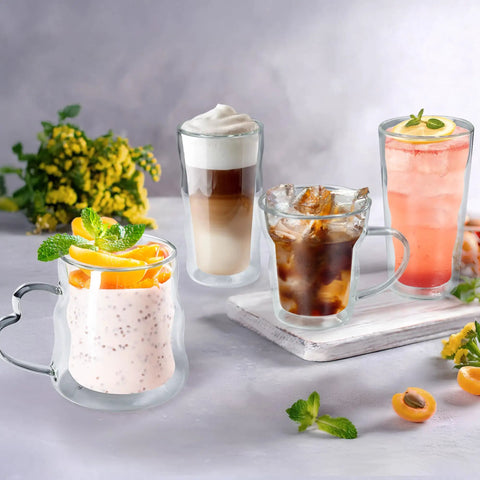 Heavy Hitting Double Wall Glass Coffee Tumblers Set Of Two Features Wave Borosilicate Build and Zero Sweat Outer Shell with iced and hot beverages.