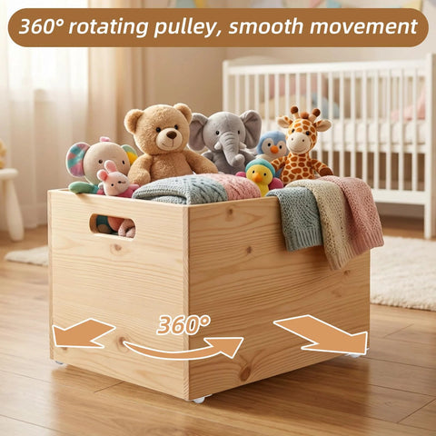 Wooden toy box with stuffed animals on Eight Pack Self Adhesive Caster Wheels With 360 Degree Swivel Universal Small Casters for mobility.