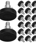 Set Of 20 Adjustable Furniture Levelers With Height Adjustable Metal Threaded Feet For Chairs And Tables, Sturdy Plastic Pad Supports For Home And Office. Black threaded feet shown in close-up and pack view.