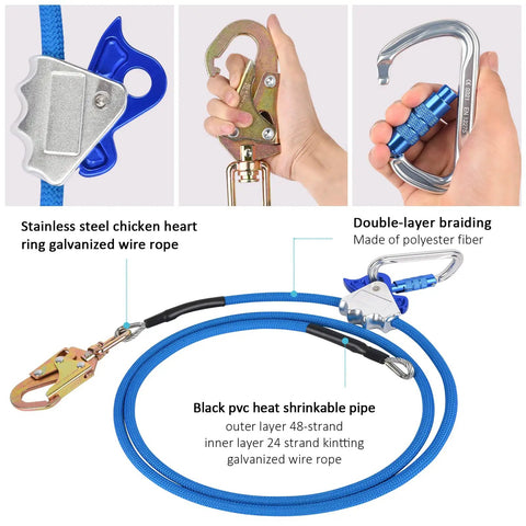Blue Steel Core Flip Line Kit For Tree Climbers With Double Lock Carabiner Adjuster Adjustable Lanyard Low Stretch Cut Resistant
