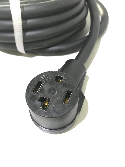 Close-up of plug end of Beefy 26ft 3in 30A NEMA 14 30 Extension Cable With 100 Percent Copper Conductors, durable casing.