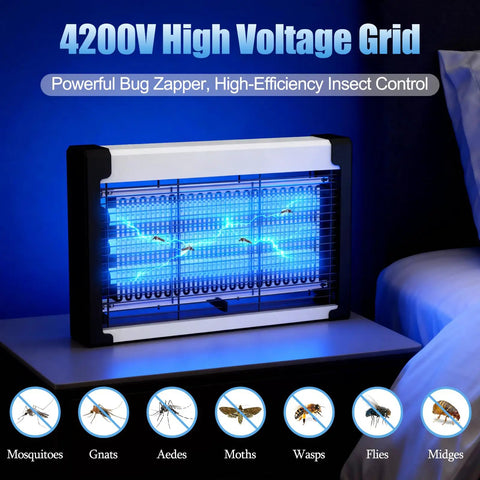 Indoor Bug Zapper 20W With 3 Lamps Quiet UV Light Mosquito Trap And Insect Killer placed on a bedside table in a dimly lit room