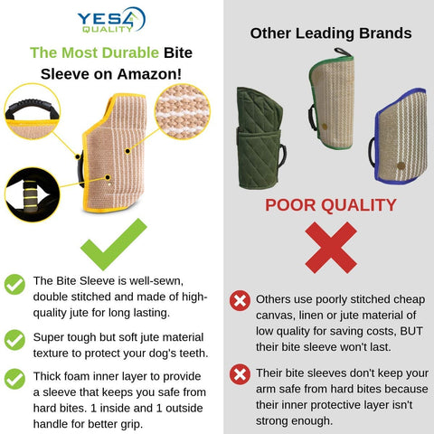 Comparison of durable dog bite sleeve for medium to large breeds and poor quality alternatives, highlighting construction and material differences.