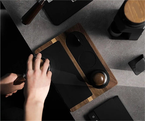 No Sweat Solid Wood And Non Slip Silicone Espresso Tamping Mat Fits All Standard 51 To 58 Millimeter Portafilters in use.