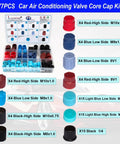 77-piece car air conditioning valve core cap kit with assorted red, blue, and black caps for All In One Car AC Repair Kit use.