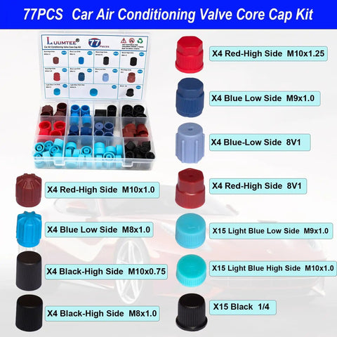 77-piece car air conditioning valve core cap kit with assorted red, blue, and black caps for All In One Car AC Repair Kit use.