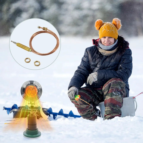 Thermocouple F273117 for propane tank top heaters and patio thermopile replacement, ice fishing setup with heater.