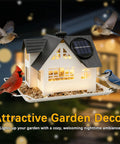 Heavy Duty Metal Outdoor Bird Feeder With Solar Lights glowing at night in garden, surrounded by birds