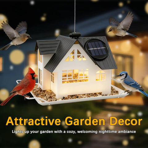 Heavy Duty Metal Outdoor Bird Feeder With Solar Lights glowing at night in garden, surrounded by birds