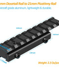 Dovetail To Picatinny Rail Adapter For 11mm To 21mm Fit Low Profile Scope Riser Mount Converter, black aluminum, side view.