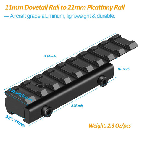 Dovetail To Picatinny Rail Adapter For 11mm To 21mm Fit Low Profile Scope Riser Mount Converter, black aluminum, side view.