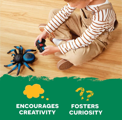 Child playing with remote control tarantula for kids with LED eyes realistic spider toy with moving legs fast speed and 360 spin