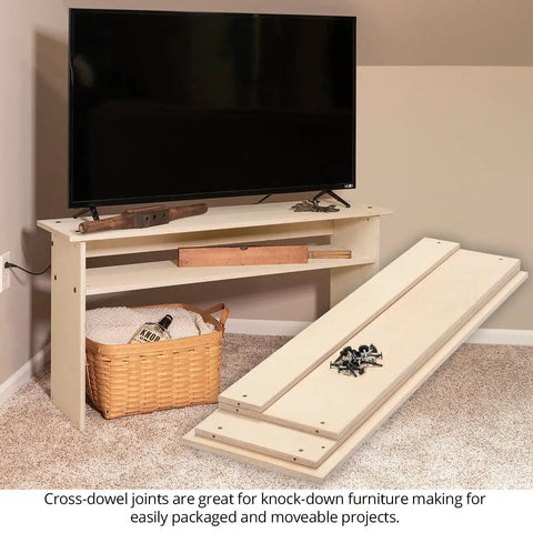 Universal Cross Dowel Jig Deluxe Kit Featuring Seven Heavy Duty Drill Guide Bushings For Bolts And Premium Wood Dowels with assembled TV stand.