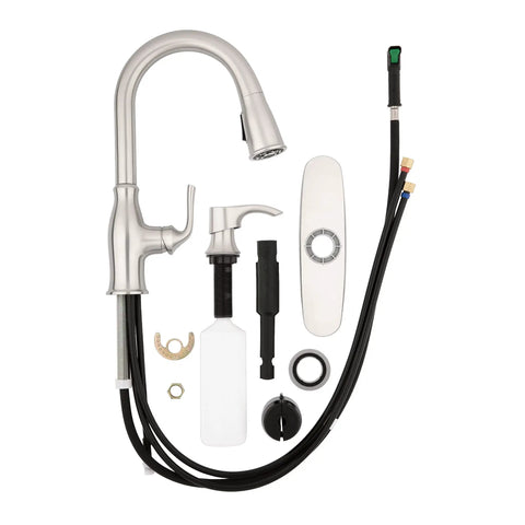 High Arc Kitchen Faucet With Pull Down Sprayer And Soap Dispenser, Spot Defense Stainless Finish, parts layout