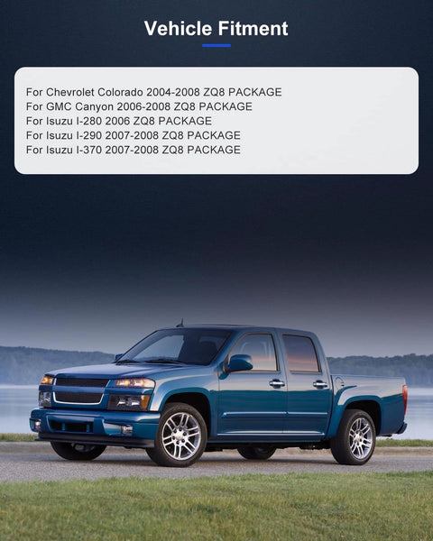 Chevrolet Colorado ZQ8 package compatibility chart with a blue pickup truck in the foreground, related to Front Left Wheel Hub And Bearing Assembly 515106 With ABS Compatible With Chevrolet Colorado 2004 2008 GMC Canyon 2004 2008 Isuzu I Series 6 Lug 2004 2008 OE Quality Drop In Replacement 2 Pack.