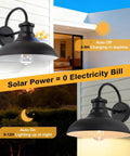 Gooseneck Solar Barn Light 12 Inch Black Outdoor Wall Mount Set, illuminating a porch area, shown in day and night scenes.