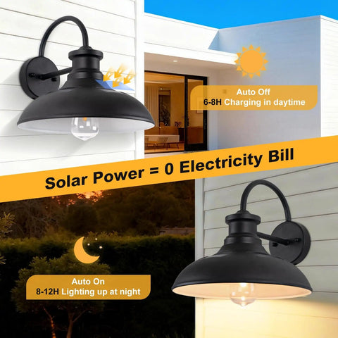 Gooseneck Solar Barn Light 12 Inch Black Outdoor Wall Mount Set, illuminating a porch area, shown in day and night scenes.