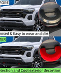 Comparison of truck without and with Red Tow Hook Cover for 2015-2026 Chevy Colorado Trail Boss and 2015-2022 GMC Canyon Hitch Cover