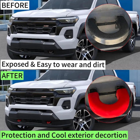 Comparison of truck without and with Red Tow Hook Cover for 2015-2026 Chevy Colorado Trail Boss and 2015-2022 GMC Canyon Hitch Cover