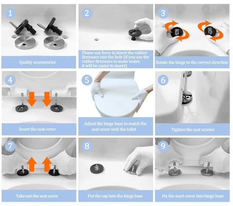 Installation guide for Square Soft Close Toilet Seat with quick release hinges and adjustable components.