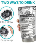 20 Oz Engineer Tumbler For Men Dope Stainless Steel Insulated Coffee Travel Mug Gift For Engineers Birthday Or Christmas Durable On The Go Cup For Work And Study Perfect For Any Project showing two drinking options and humorous nutrition label.