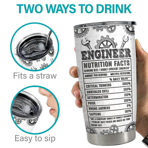 20 Oz Engineer Tumbler For Men Dope Stainless Steel Insulated Coffee Travel Mug Gift For Engineers Birthday Or Christmas Durable On The Go Cup For Work And Study Perfect For Any Project showing two drinking options and humorous nutrition label.