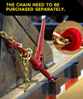 Red ratchet chain binder in use, securing heavy load with chain. 4 Pack Ratchet Chain Binder For 1/4 To 5/16 Inch Chains Heavy Duty Load Binder 2600Lbs Working Load 9200Lbs Break Strength Boomer To Truck Flatbed Trailer.