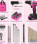 Pink Cordless Drill Kit For Women, 20V Lithium-Ion Power Drill with 67Pcs driver bits, storage bag, and charger shown in image