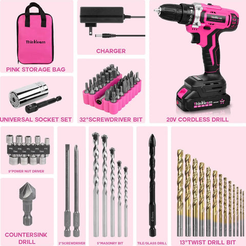 Pink Cordless Drill Kit For Women, 20V Lithium-Ion Power Drill with 67Pcs driver bits, storage bag, and charger shown in image